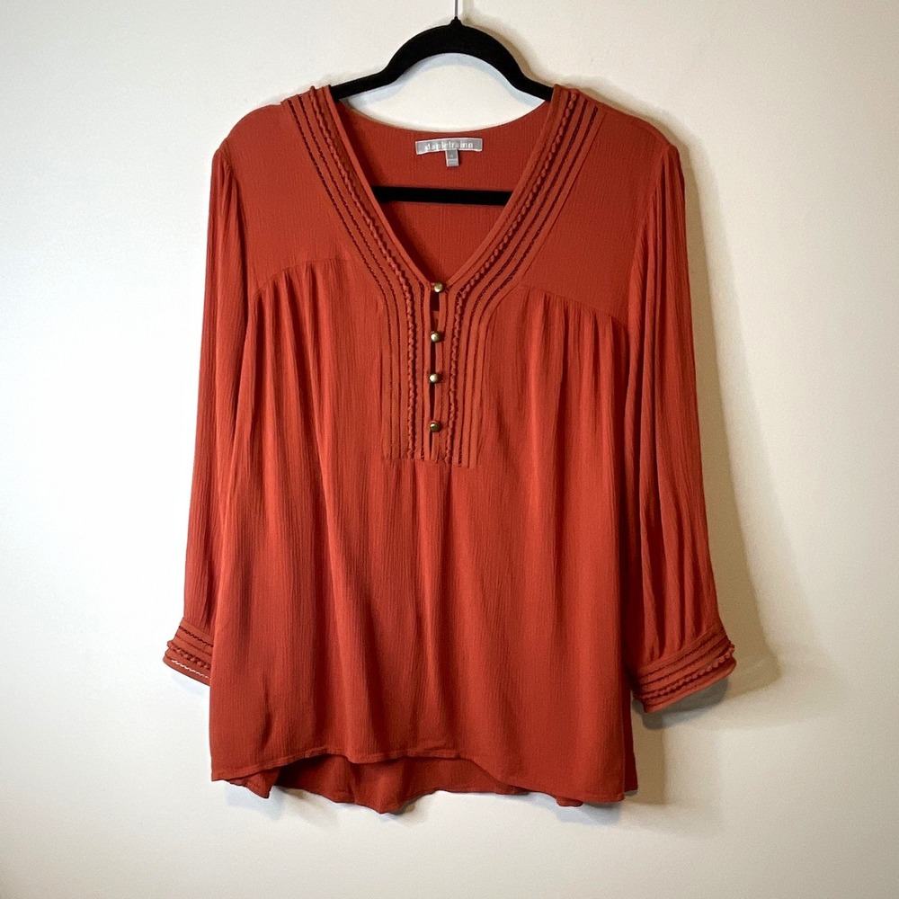Daniel Rainn XL Orange V Neck Button Front Blouse Pintuck 3/4 Sleeve Boho
